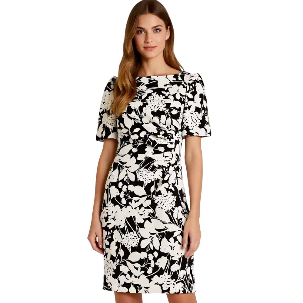 DKNY $119Women Black White Floral Ruched Puff Sleeve Sheath Dress Size 6‎ NWT